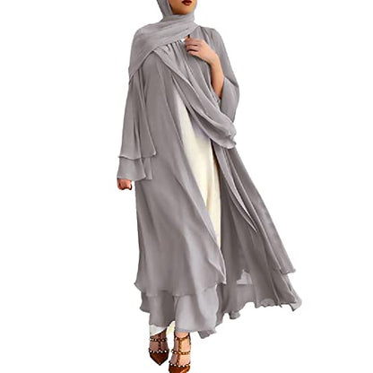 IWEMEK Women Chiffon Muslim Dress Middle East Arabian Robe Islamic Open Front Abaya Long Sleeve Flowy Maxi Cardigan Dress - color: Gray, size: Large