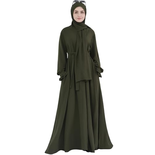 Women Muslim Dress Middle East Arabian Robe Islamic Modest Dress with Hijab Scarf Lace Sleeve Flowy Abaya Dress - color: Army Green