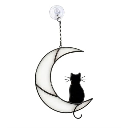 Cat Moon Stained Glass Suncatcher, Window Hanging Decor, Black & White - color: White Black
