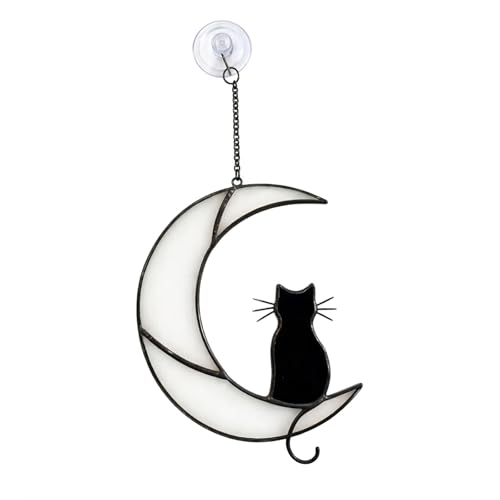 Cat Moon Stained Glass Suncatcher, Window Hanging Decor, Black & White - color: White Black