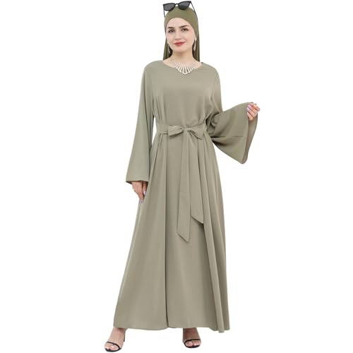 khalat Muslim Abaya Dress Women Solid Color Modest Prayer Robe Islamic Dubai Long Sleeve Lightweight Maxi Dress - color: Green, size: Large