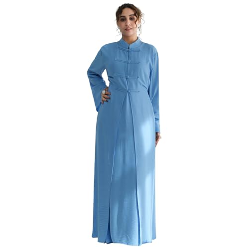 2PCS Women Muslim Abaya Dress Stand Collar Full Coverage Cardigan Dress Set - color: Sky Blue, size: X-Large