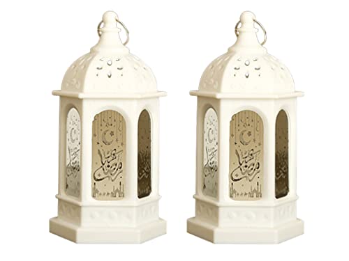 Anlising 2 Pieces Ramadan Lantern Decoration, LED Eid Mubarak Lamp, Ramadan Candle Lantern, Hanging Ramadan Lamp, Ramadan Lantern Decor, for Home Tabletop Decor Creative Party Supplies (White) - color: White