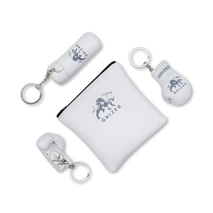 Mini Boxing Glove & Punching Bag Keychain Set – PU Leather Keyring Sports Lovers Gift & Gifts For Men (3 pcs) - color: White