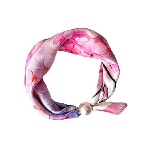 Women’s Silk Pearl magnetic buckle Scarf with Charm Buckle Satin Square Scarf for Neck Retro Floral Print，hair band - color: 01-107