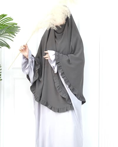 Muslim Prayer Hijab Solid Color Ruffled Head Scarf Women Islamic Head Cover Khimar - color: Dark Grey