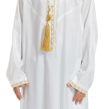 Boys Muslim Clothing Kids Prayer Outfits Long Sleeve Eid Dresses Embroidered Thobe Solid Color Crewneck Arabic Abaya - color: White, size: 3-4T