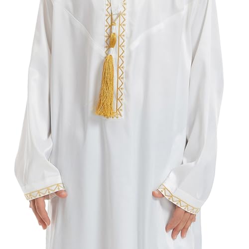 Boys Muslim Clothing Kids Prayer Outfits Long Sleeve Eid Dresses Embroidered Thobe Solid Color Crewneck Arabic Abaya - color: White, size: 5-6X