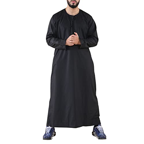 Mens Thobe Jubba Islamic Clothing Muslim Kaftan Emirati Omani Robe Arab Tassel - color: Black, size: X-Large