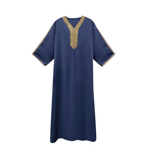 Moroccan Kaftan Thobe for Men Loose Caftans Loungewear Embroidered Beach Kaftan Cover up Muslim Arab House Robes - color: Navy, size: X-Large