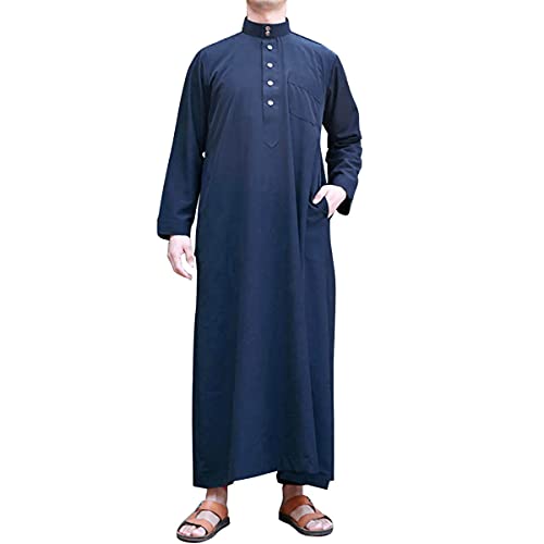 Men's Saudi Arabic Thobe Jubba Dishdasha Long Sleeve Robe Ramadan Muslim Dress Middle East Islamic Clothing (328# Navy, XXL)