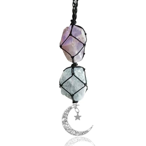 Hanging Car Charm, Crystal Car Hanging Ornament, Car Interior Rear View Mirror Charm, Dangling Moon & Healing Crystal Accessories, Handmade Car Rearview Mirror Decorations (Amethyst-amazonite) - color: Amethyst-amazonite