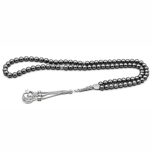 Amazing Gemstone Hematite Tasbeeh with Moon and Star Charm - Certified Crystal Muslim Prayer Beads Natural Gemstone Tasbih Gift for Ramadan Dhikr and Daily Namaz (S) - color: Hematite