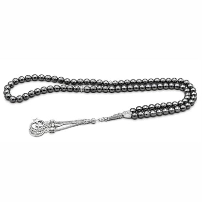 Amazing Gemstone Hematite Tasbeeh with Moon and Star Charm - Certified Crystal Muslim Prayer Beads Natural Gemstone Tasbih Gift for Ramadan Dhikr and Daily Namaz (S) - color: Hematite