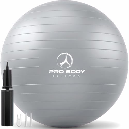 ProBody Pilates Yoga Ball - Gym Grade Exercise Ball | Sizes 45/55/65/75/85 cm, 880 lb Load, CA 10P Cert, PT & Prenatal Use, Recommended by OBs, Pump - color: Silver, size: M: 19-22 inches/48-55 cm