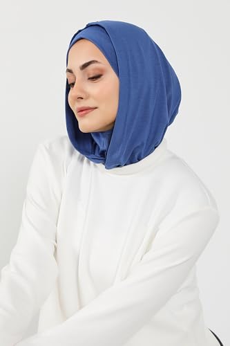 Aisha's Design Full Coverage%95 Cotton Bonnet for Women, Ready-to-Wear Hijab Bonnet Headscarf with Neck Coverage - color: Indigo
