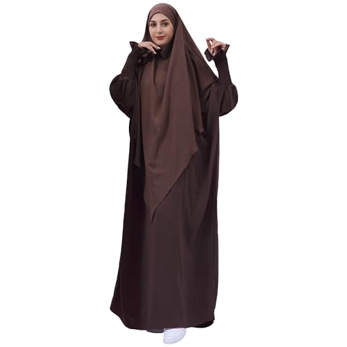 khalat Womens Muslim Prayer Dress Front Zipper Kaftan Islamic Robe Modest Solid Abayas for Women Muslim - color: Dark Coffee+hijab