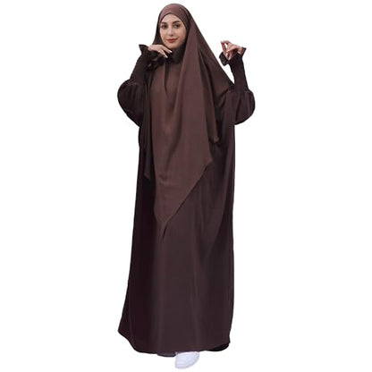 khalat Womens Muslim Prayer Dress Front Zipper Kaftan Islamic Robe Modest Solid Abayas for Women Muslim - color: Dark Coffee+hijab