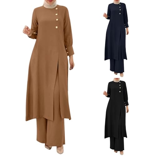 2 Piece Muslim Outfits For Women Long Sleeve Button Down Shirt And Baggy Pants Casual Dress Outfits Prayer Clothes - color: Khaki, size: Large