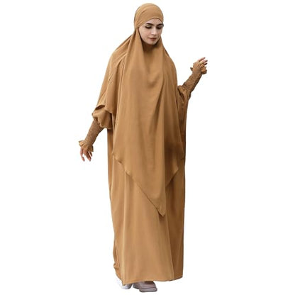 khalat Womens Muslim Prayer Dress Front Zipper Kaftan Islamic Robe Modest Solid Abayas for Women Muslim - color: Khaki+hijab