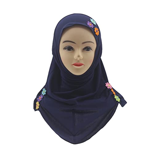 Girls Instant Hijab – Soft Kids Muslim Scarf with Flower, Breathable One-Piece Headscarf for Toddlers Age 2-8 - color: Navy