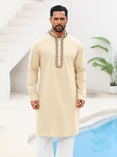 Runcati Mens Kaftan Thobe Cotton Henley Shirt Long Sleeve Embroidery Robe Casual Kurta Muslim Gown Shirt - color: Apricot, size: XX-Large