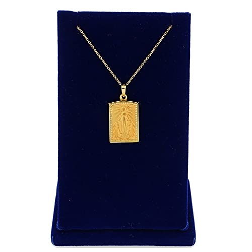 RP 14k Yellow Gold Polished Miraculous Virgin Mary Double Sided Square Pendant Medal - style: Pendant + 16-18" Adj 14K Chain