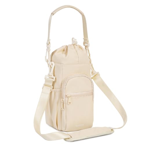 sportsnew 40oz Insulated Crossbody Water Bottle Bag Gym Hiking Phone Pocket | Water-resistant Lining, Padded Strap, Top Handle, Drawstring, Phone Pocket, Elastic Slots, Built-In Key Clip for Gym Walking - color: Beige