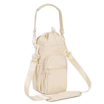 sportsnew 40oz Insulated Crossbody Water Bottle Bag Gym Hiking Phone Pocket | Water-resistant Lining, Padded Strap, Top Handle, Drawstring, Phone Pocket, Elastic Slots, Built-In Key Clip for Gym Walking - color: Beige