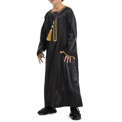 Boys Muslim Clothing Kids Prayer Outfits Long Sleeve Eid Dresses Embroidered Thobe Solid Color Crewneck Arabic Abaya - color: Black, size: 3-4T