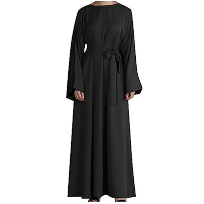 Ctreela Abaya Muslim Dresses for Women Girls Pockets Islamic Prayer Clothes with Tie Waist Ramadan Tarawih Sawm Outfits - color: Black, size: XX-Large