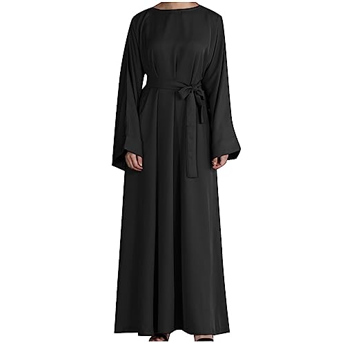 Ctreela Abaya Muslim Dresses for Women Girls Pockets Islamic Prayer Clothes with Tie Waist Ramadan Tarawih Sawm Outfits - color: Black, size: Medium
