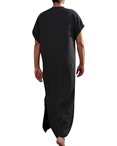 YAOHUOLE Men's Short Sleeve Kaftan Thobe Side Split Caftan with Pockets Long Gown Thobe - color: Black, size: Large