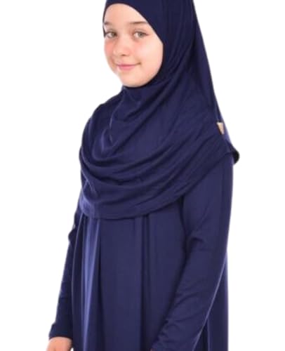 Prien Kids Prayer Dress Muslim Clothes for Girls Long Sleeve Abaya with Hijab Two Piece Maxi Islamic Set Scarf Kaftan Jilbab - color: Navy Blue