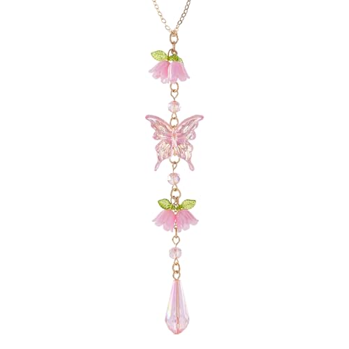 Butterfly Crystal Car Charm Lily Flower Beaded Mirror Hanging | Pink Lily Of The Valley Flower Beaded Pendant. Elegant Hanging Car Interior Decor Ornament. Crystal Butterfly Mirror Charm. - style: Butterfly