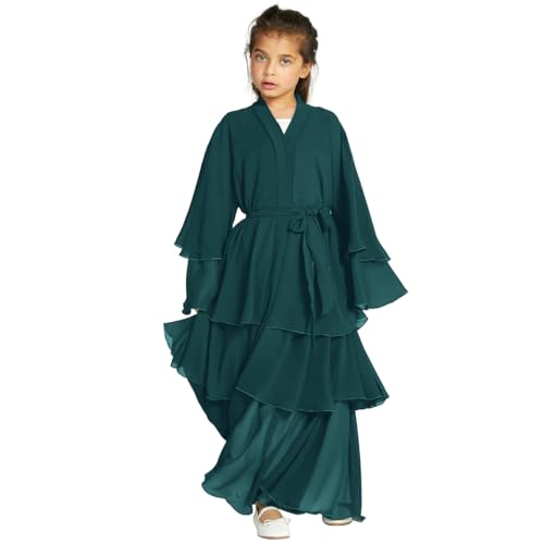 Kids Abayas Dress for Girls Muslim Dress with Hijab Chiffon Layered Islam Kaftan Robe Open Front Cardigan Prayer Dress - color: Dark Green, size: 4-5 Years