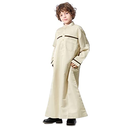 Boy's Muslim Arab Islamic Kaftan Embroidered Robe Solid Color Thobe Islamic Arabic Abaya Ethnic Dress With Pockets - color: Beige Stripe, size: 11-12 Years
