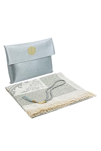 ihvan online Muslim Prayer Rug with 99 Beads Tasbih & Travel Bag, Soft Taffeta Sajadah, Lightweight & Foldable Janamaz, Portable Prayer Mat, Islamic Gift for Eid, Ramadan, Hajj & Umrah, Grey - color: Grey