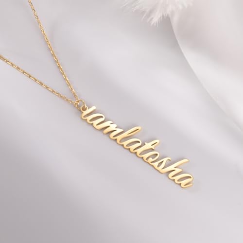 TinyName Custom Name Necklace Personalized 18K Gold Plated Nameplate Customized Jewelry Gift for Women - color: Vertical Name Necklace