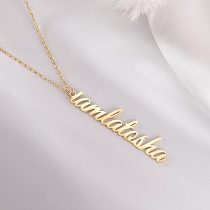 TinyName Custom Name Necklace Personalized 18K Gold Plated Nameplate Customized Jewelry Gift for Women - color: Vertical Name Necklace