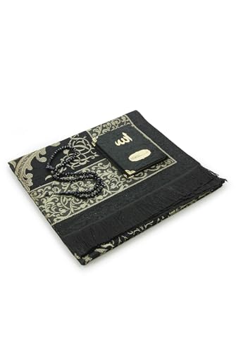 ihvan online Taffeta Muslim Prayer Rug, Velvet Covered Yaseen Surah Pocket Size Book, Prayer Beads Set with Kraft Boxed, Dowry Box for Men & Women, Islamic Ramadan Eid & Wedding Gifts, Black - Gold - color: Black - Gold