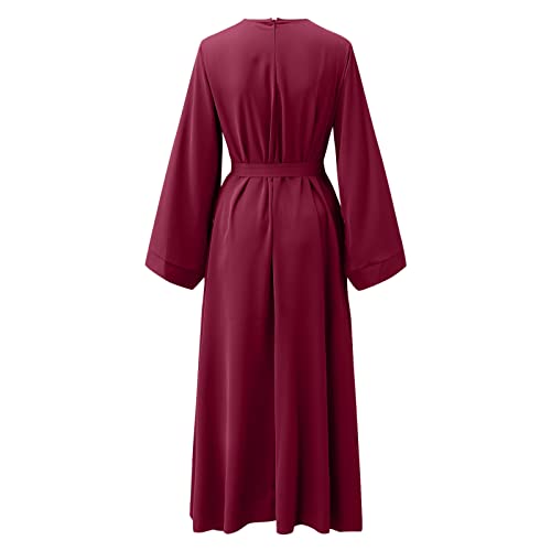 Prayer Dress for Women Muslim Long Sleeve A Line Elegant Maxi Dress Casual Wedding Party Maxi Dresses with Belt - color: Red, size: XX-Large