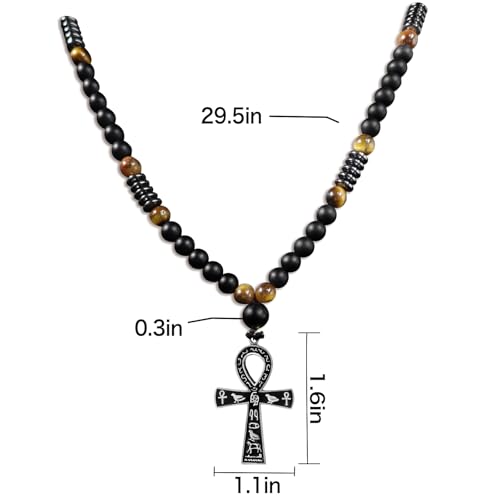 Ankh Cross Pendant Ancient Egyptian Hieroglyphic Symbol of Health and Eternal Life Men Cross Necklace with Tiger Eye Stone Obsidian Hematite Triple Protection Crystal Beads Chain - color: Black-Silver