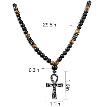 Ankh Cross Pendant Ancient Egyptian Hieroglyphic Symbol of Health and Eternal Life Men Cross Necklace with Tiger Eye Stone Obsidian Hematite Triple Protection Crystal Beads Chain - color: Black-Silver