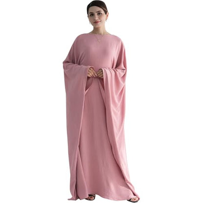 Women Muslim Abaya Dress 1Piece Bat Sleeve Islamic Maxi Robe Fashion Jilbab for Women Eid Kaftan Muslim Robe - color: Pinka, size: Medium
