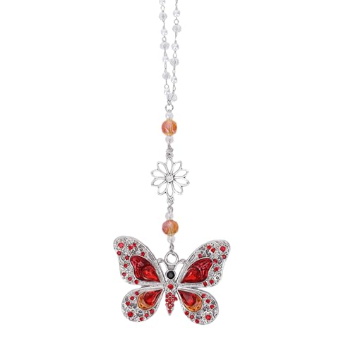 Red Crystal Butterfly Car Charms - Vintage Rear View Mirror Hanging Ornament, Sun Catcher Window Pendant for Car Interior Decoration, Halloween for Mom Aunt Women - color: red