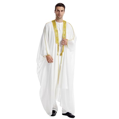 FYMNSI Men's Robe Muslim Clothes Kimono Loose Abaya Dresses Long Sleeve Embroidered Chiffon Kaftan Casual Formal Dubai Thobe - color: White, size: X-Large