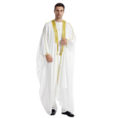 Muslim Thobe for Men Kaftan Robe Ramadan Abaya Prayer Dress Chiffon Open Front Embroidered Cardigan Islam Dubai Thobe Kimono - color: White, size: Medium