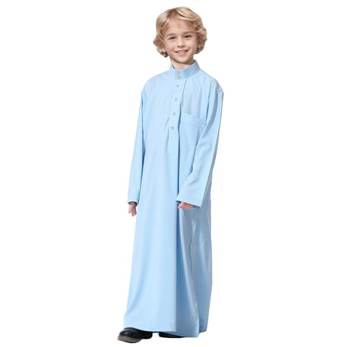 Arabic Thobe Muslim Thobe Long Sleeve Kaftan Crew Robe National Costume Teenage Boys Long Sleeve Embroidered Robe - color: Sky Blue, size: 9-10 Years