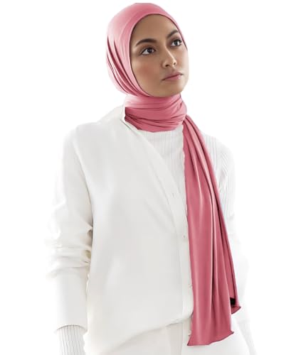 Harewom Muslim Hijab for Women Soft Stretch Headscarf Large Plain Turban Wrap Shawl Head Wrap for Everyday Wear - color: Pink Hijab Headscarf